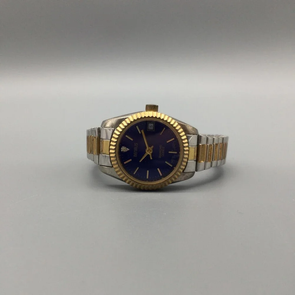 Benrus Womens Watch 24mm Blue Dial Two Tone Diamond Date Stretch New Battery